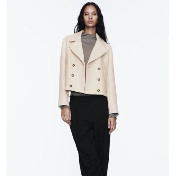 NWOT Zara sand double breasted statement button cropped pea coat, XL - Picture 4 of 16